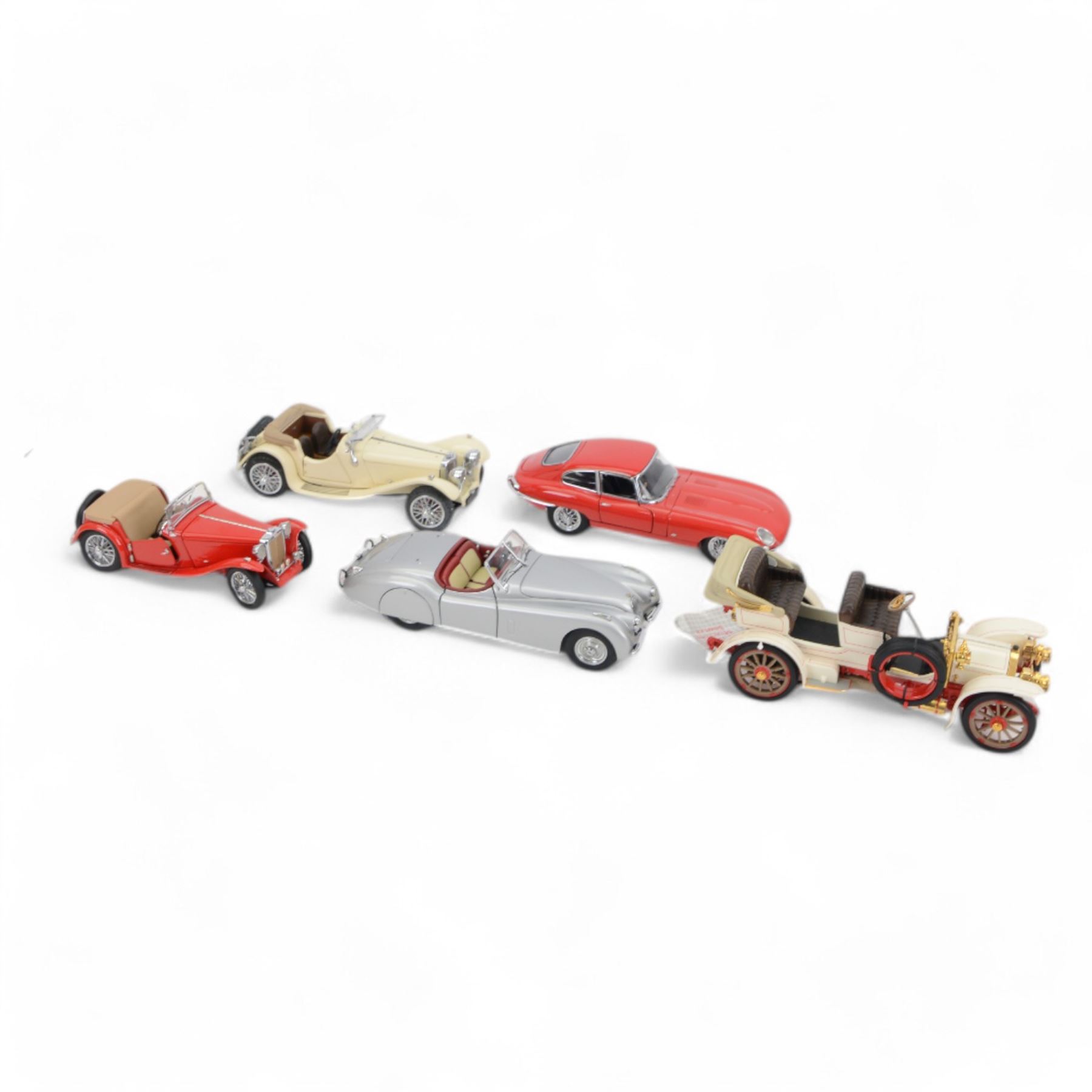 Five Franklin Mint 1:24 scale diecast models, comprising 1961 Jaguar E-Type, Jaguar XK 120,Jaguar SS-100, 1948 MG-TC and a 1904 Mercedes Simplex, all in original packaging four with paperwork