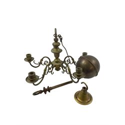 Dutch style metal chandelier, with five arms, approximately W50cm, together with a four Dutch style twin branch wall sconces, H22cm W32cm