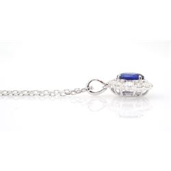 18ct white gold oval cut sapphire, round tapered baguette cut diamond cluster pendant necklace, sapphire approx 1.40 carat, total diamond weight approx 0.65 carat