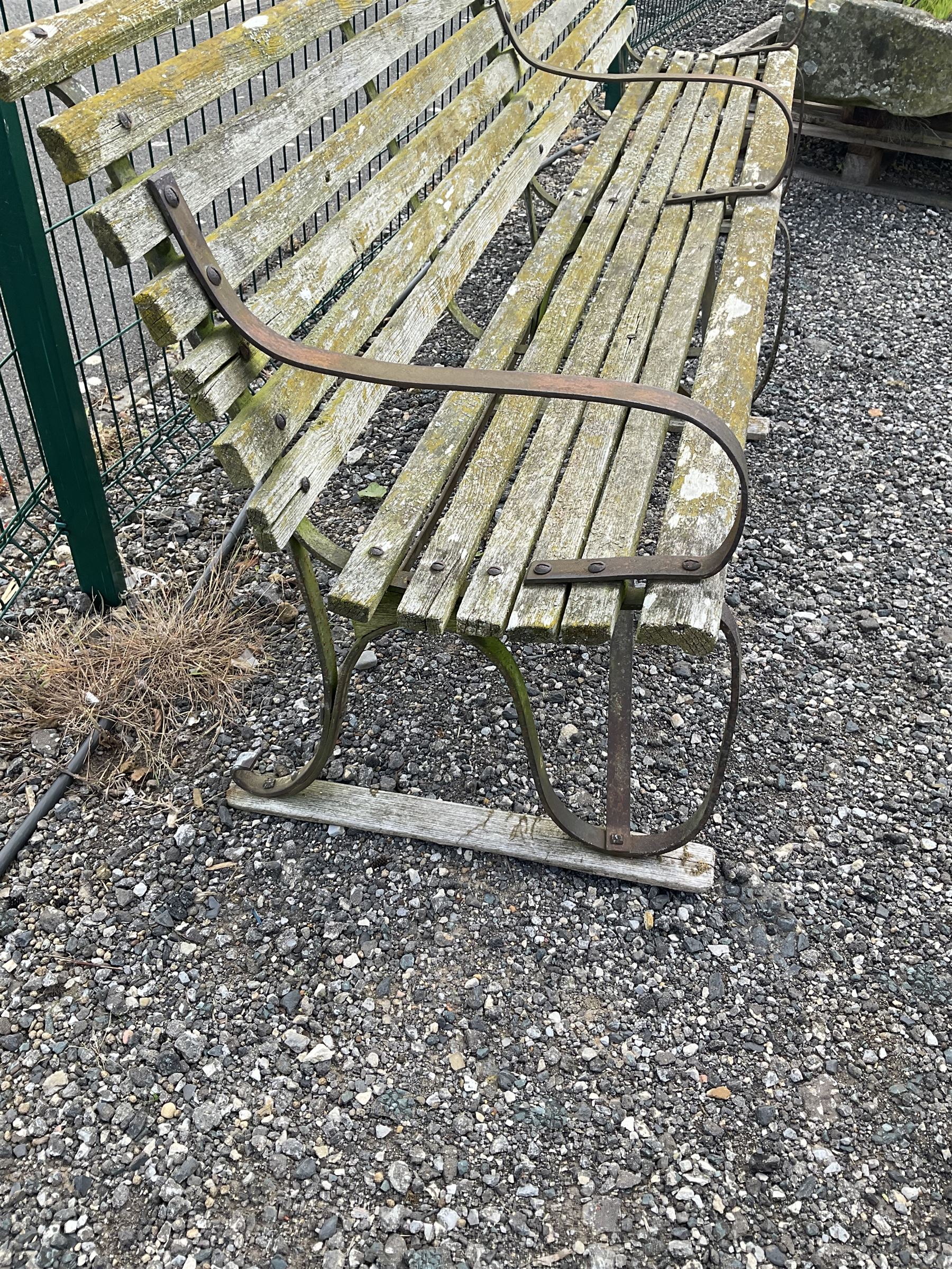 Late 19th century wrought iron and wood slatted four seater double garden bench - THIS LOT IS TO BE COLLECTED BY APPOINTMENT FROM DUGGLEBY STORAGE, GREAT HILL, EASTFIELD, SCARBOROUGH, YO11 3TX