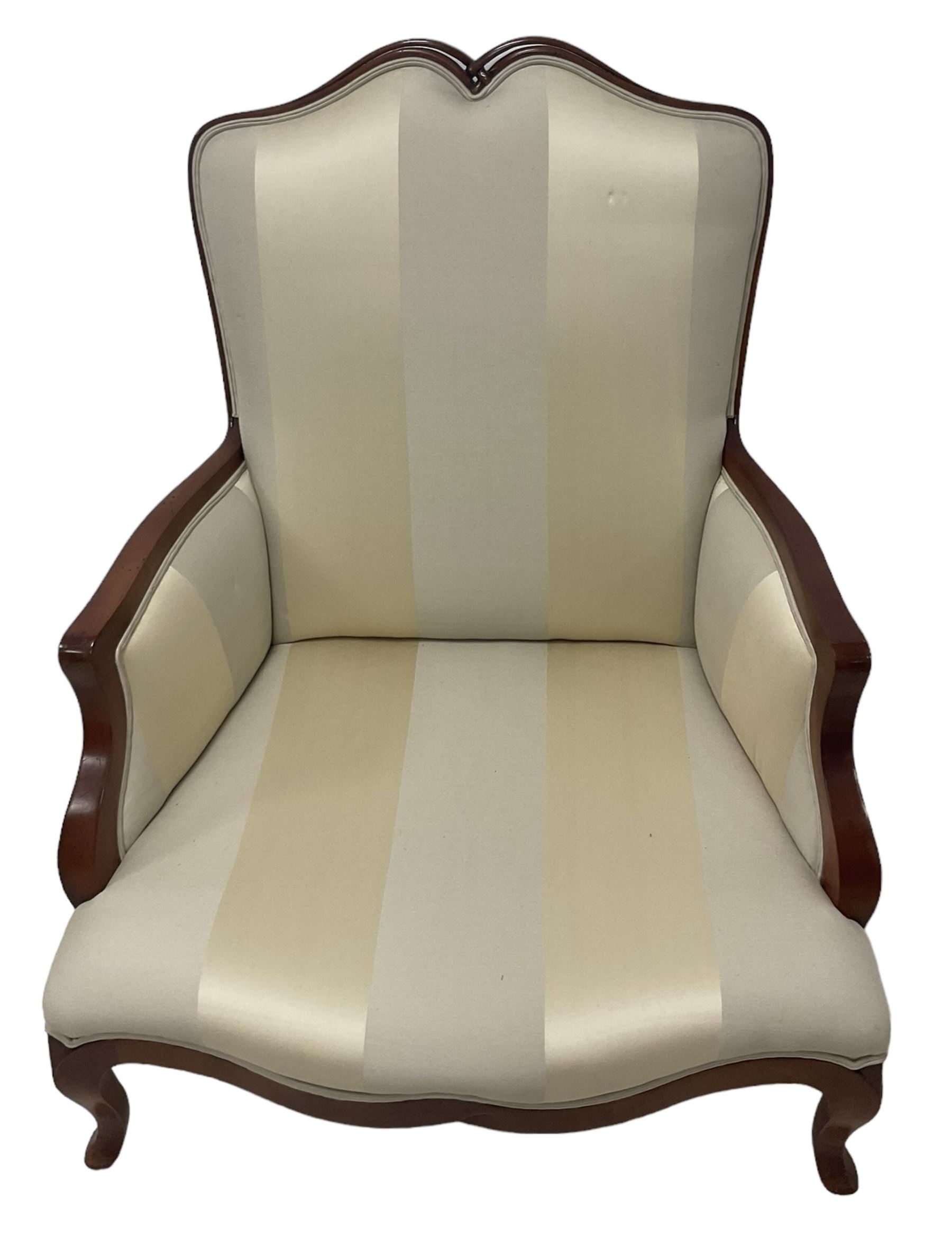 Duresta - French design hardwood-framed wide-seat armchair, shaped cresting rail over curved arms, upholstered in two-tone off-white striped fabric with loose seat cushion, shaped apron and cabriole feet 