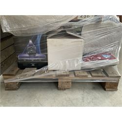 Four pallets of domestic goods to include, cleaning equipment, vacuums, exercise equipment, cooking items, Brother printer, garden loungers, irons and more… approx. 60 items