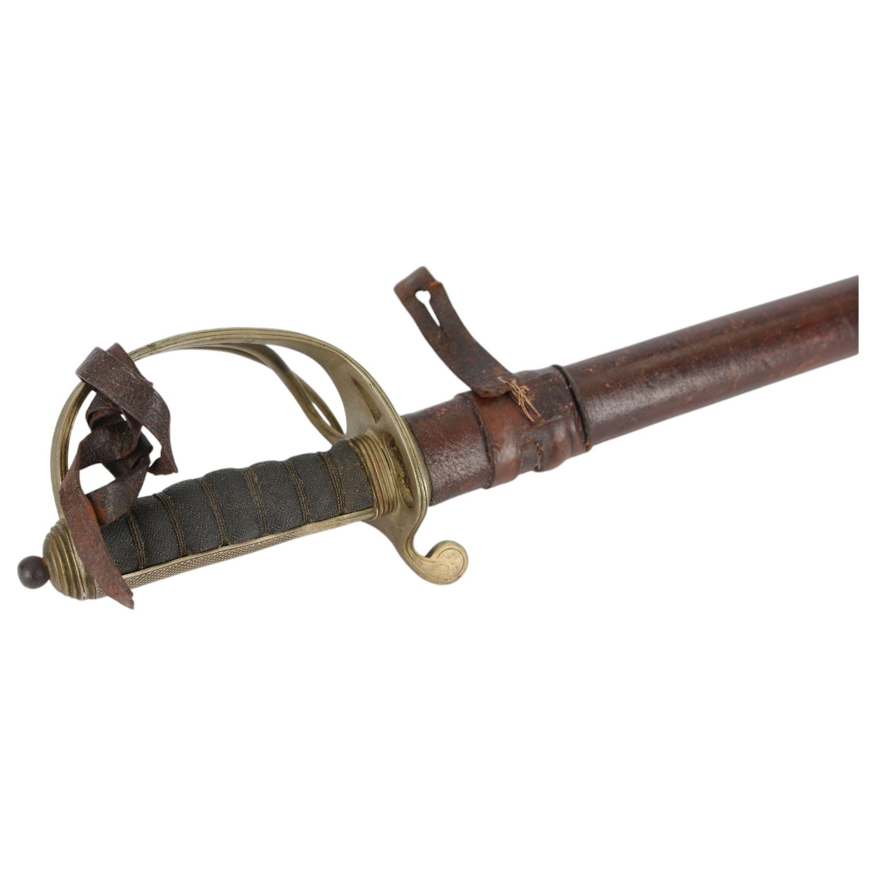 British Officer's Infantry sword, by Fenton Brothers Ltd of Sheffield, sword cutler to the War Office, the blade engraved with coats of arms, cipher, and foliate scrolls, wire bound leather grip, in a leather scabbard, blade length L82cm