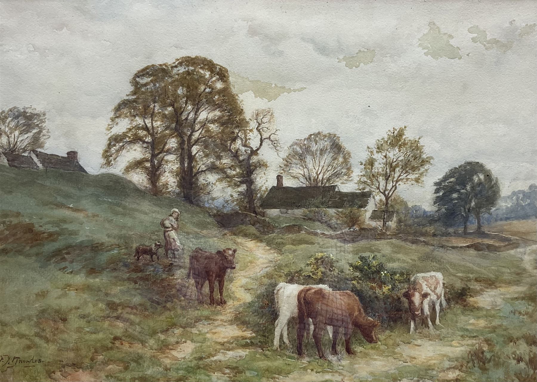 Frederick James Knowles (British 1874-1931): Calves by a Farmstead, watercolour signed 29cm x 40cm