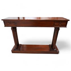 Neoclassical design mahogany console table, rectangular top over Greek key carved frieze with foliate carved back and sides, raised on twin pilaster end supports with acanthus capitals, on a plinth base