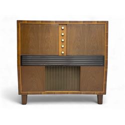 Mid-20th century radiogram cabinet, veneered in walnut with central brass control knobs, t...