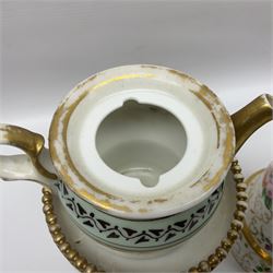 Two 19th century continental teapots and warmers, each teapot upon a cylindrical warming base, hand printed with floral sprigs, birds and insects, largest H22cm 