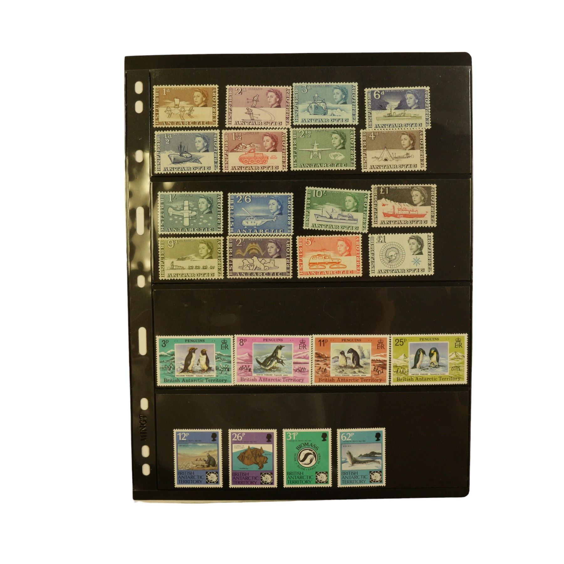 Queen Elizabeth II British Antarctic Territory mint stamps, including 1963-1969 SG 1 to 15a from half penny to both one pound values, 1993 SG 218-229 etc and a small number of Australian Antarctic Territory stamps, housed on stock pages