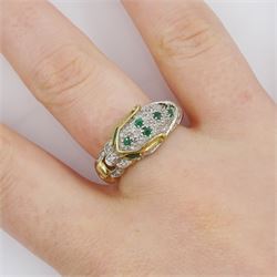 9ct gold emerald and pave set diamond leopard ring, hallmarked