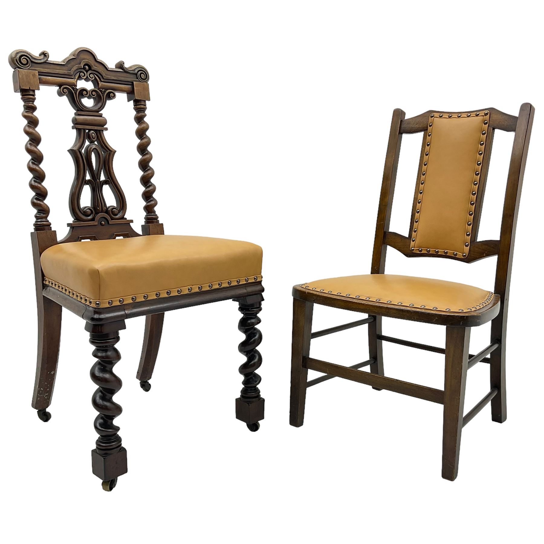 Early 19th century mahogany side chair, the shaped cresting rail with scroll carved ears over shaped and pierced splat with scrolling decoration, enclosed by spiral turned supports, leather upholstered seat, on spiral turned front supports (W45cm); 20th century stained beech framed chair (2)