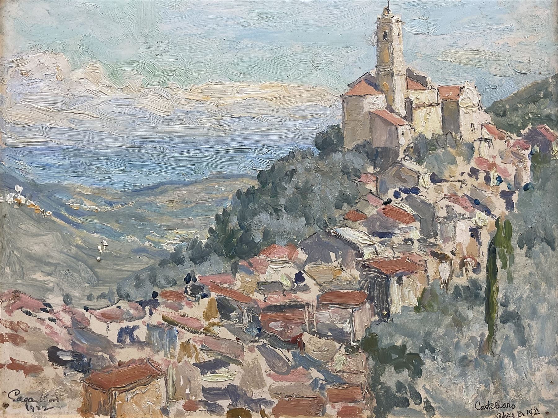 Edgar Wood (British 1860-1935): 'Castellano' Continental Hilltop Town, oil on board signed and dated 1922, 22cm x 28cm