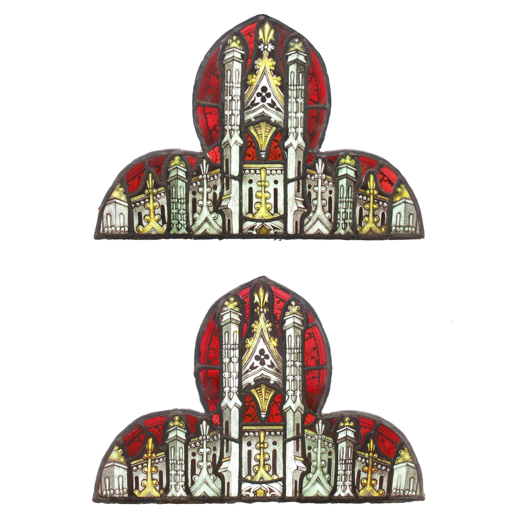 Pair of late 19th/early 20th century leaded stained glass panels,of quatrefoil form when aligned, depicting architectural forms and foliate motifs in red upon a yellow ground, each panel H42cm W63cm