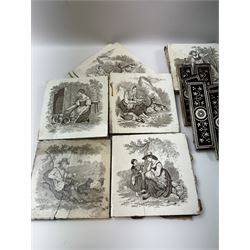 Eight Minton China Works tiles, each transfer printed with village and farming scenes, together with six brown and white floral spacing tiles, Minton tiles 15cm x 15cm