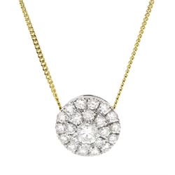 18ct white and yellow gold pave set round brilliant cut diamond circular pendant necklace,...