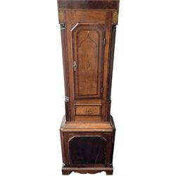 Oak and Mahogany - 8-day longcase clock c1830 with a swan necked pediment and break arch hood door beneath flanked by reeded pilasters with Corinthian capitals,  trunk with three quarter reeded columns and a short door with canted corners, on a conforming plinth with a raised panel, painted dial with Arabic numerals, painted birds to the spandrels and a depiction of a soldier and encampment to the arch, with subsidiary calendar aperture and seconds dial, makers name indistinct, with a rack striking movement striking the hours on a bell.  No weights or pendulum.