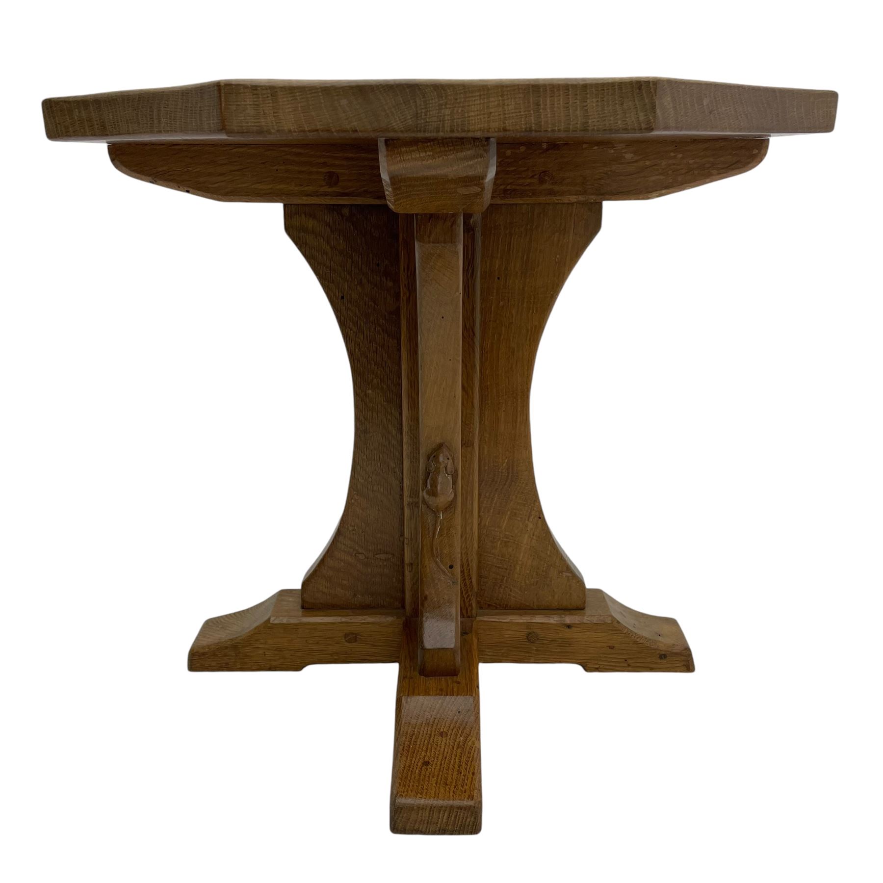 Mouseman - occasional table, adzed octagonal top, cruciform base on sledge feet, carved with mouse signature, by the workshop of Robert Thompson, Kilburn 