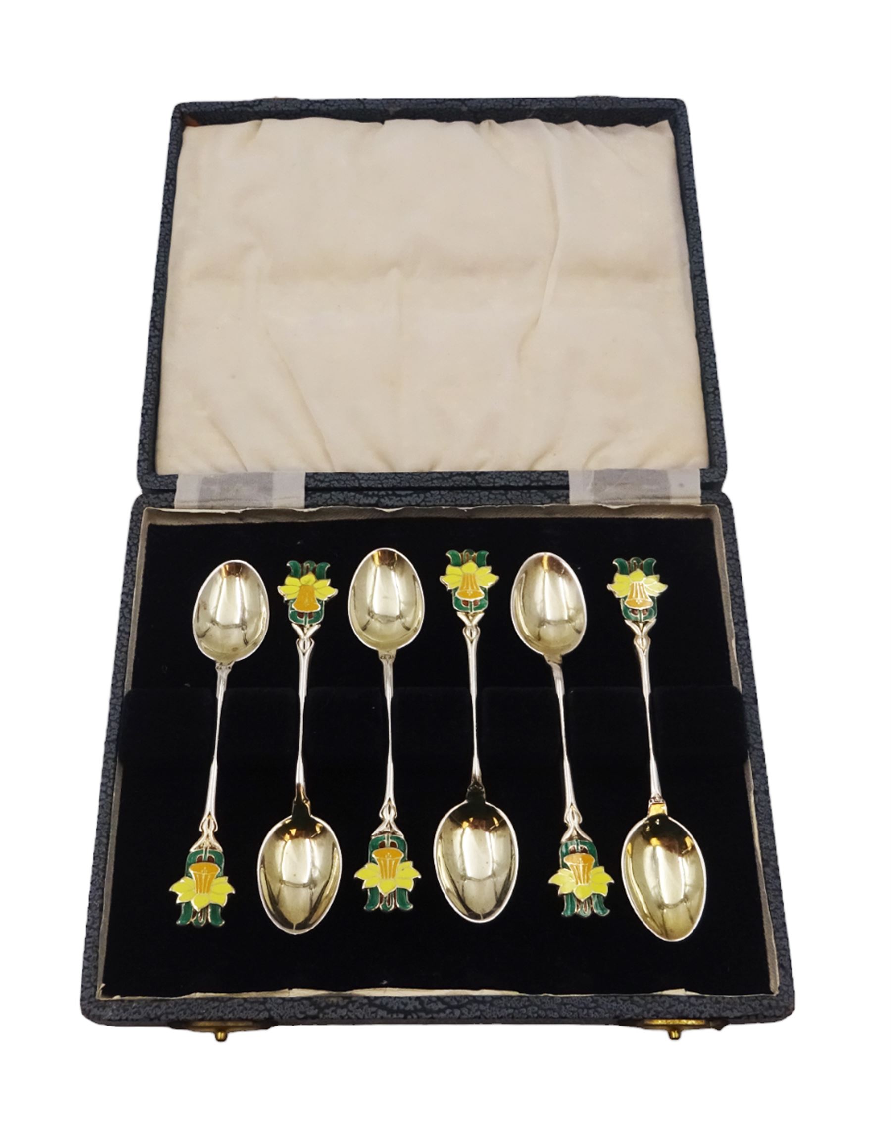 Set of six silver coffee spoons, each with enamelled daffodil decoration to terminal, hallmarked Turner & Simpson Ltd, Birmingham 1938, contained within fitted case