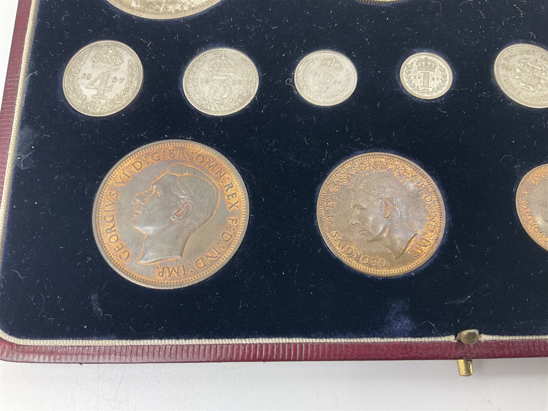 King George VI 1937 specimen coin set, fifteen coins from farthing to crown including Maundy money, in the original case