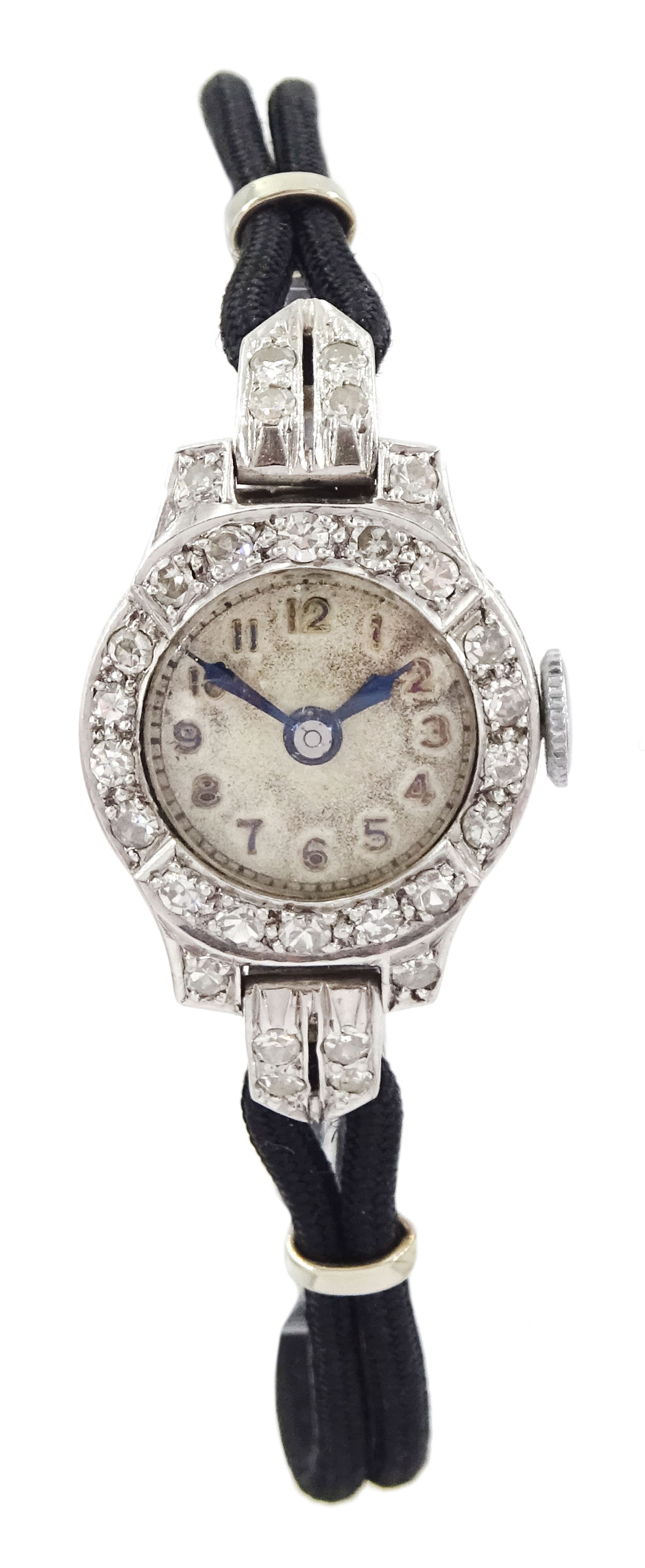 Art Deco platinum diamond set manual wind wristwatch, on black cord bracelet, with 9ct white gold clasp, cased