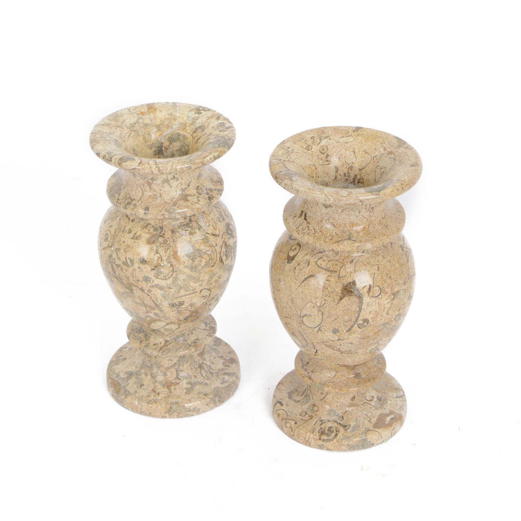 Pair of vases, of baluster form upon a stepped foot, with shell inclusions within the limestone, H15cm  