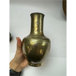 Pair of brass vases, together with brass charger and other metalware 