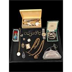 Silver plated coin purse, silver handled file, Summit wristwatch, silver ring, Victorian and later costume jewellery, including Albert chains, etc