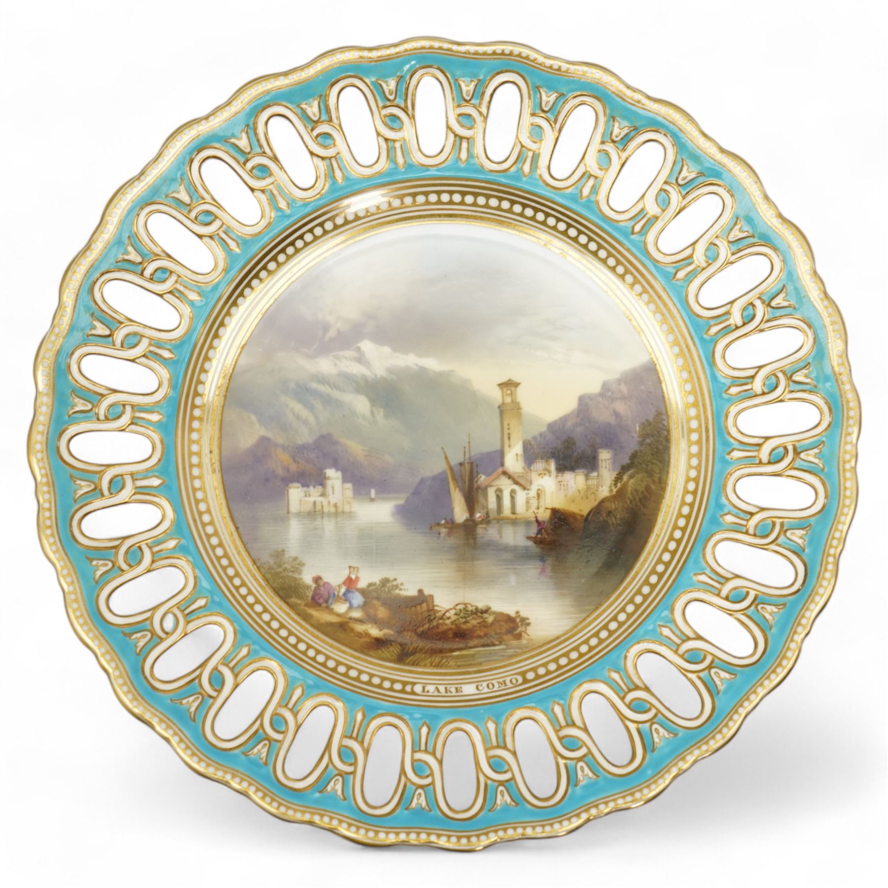 Pair of 19th century Copeland cabinet plates, centrally hand painted with a view of Lake Como and Church of S. Giorgio-Maggiore, Venice, within blue and gilt pierced borders, pattern no. D1625, D22.5cm (2)