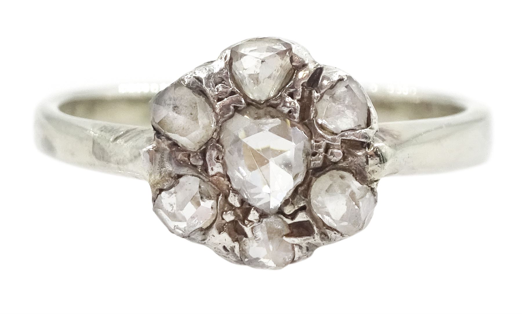 Early 20th century 18ct white gold rose cut diamond flower head cluster ring