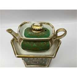 Two 19th century continental teapots and warmers, each teapot upon a hexagonal warming base, the first example painted with landscape scenes, the second with nesting birds in gilt branches, H28cm