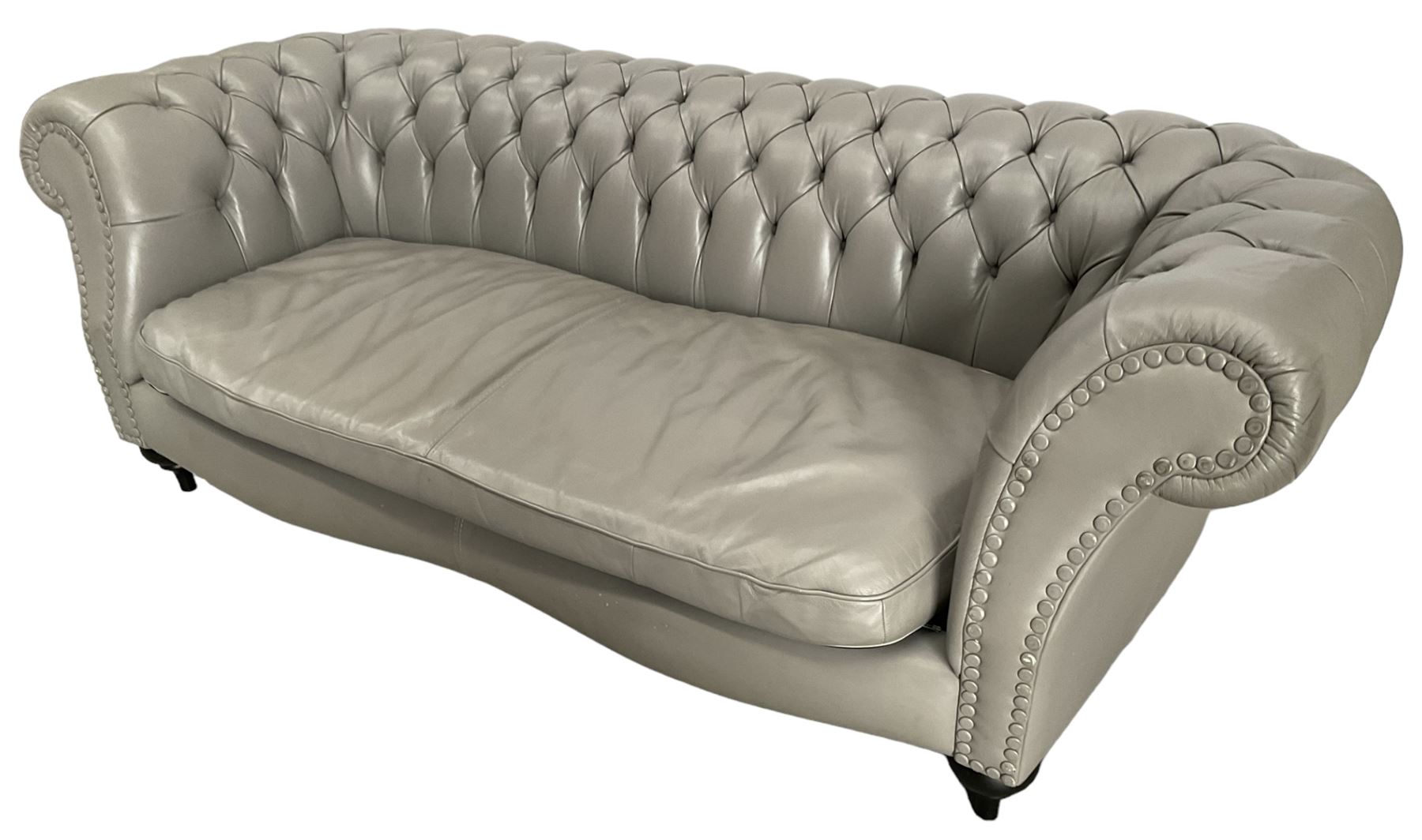 Three seat Chesterfield sofa, upholstered in grey buttoned leather