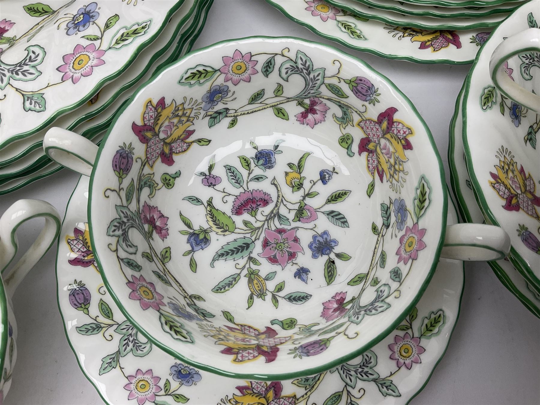 Minton Haddon Hall part tea and dinner service, including six cups and saucers, six dinner plates, six side plates, six twin handled bowls and saucers etc (44) 