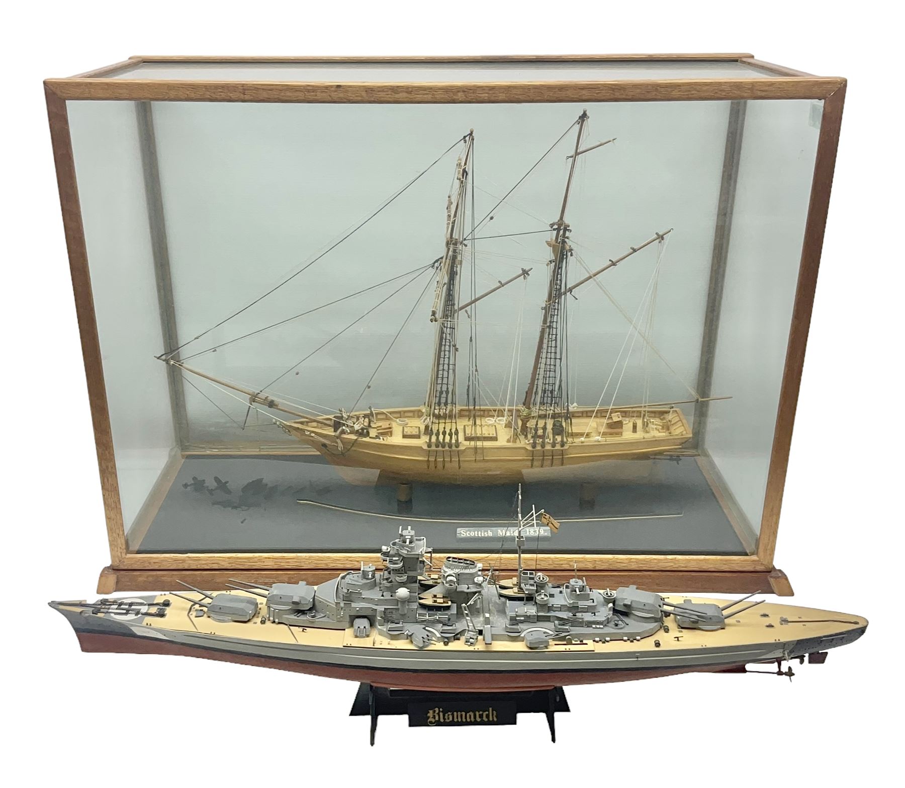 Cased scale built wooden model schooner 