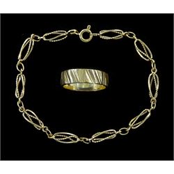 Gold fancy openwork twist link bracelet and a gold wedding band, both hallmarked 9ct