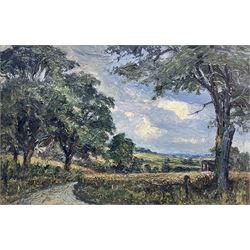 A Hunt (British Mid-20th Century): Path Between the Hayfields, oil on board signed 49cm x 75cm