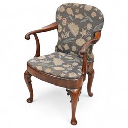 George II walnut elbow chair, upholstered in patterned fabric decorated with flower heads ...