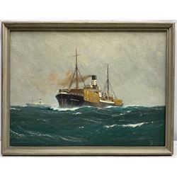 German School (Mid 20th century): Ships Portrait 'SS Eschersheim' Unterweser Reederei A-G Bremen - carrying Timber, oil on board signed with monogram 29cm x 39cm