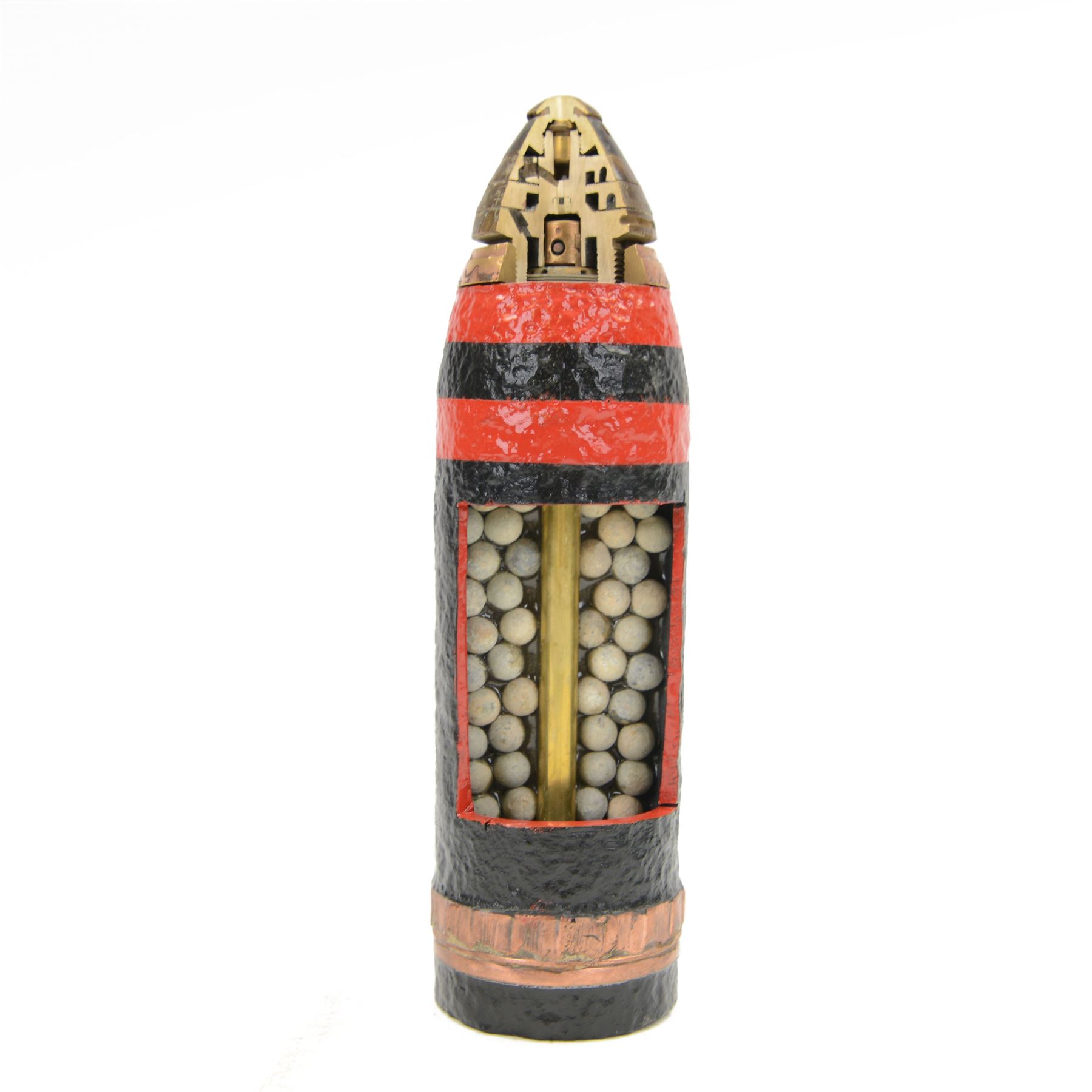 Inert WWII 18 pounder shrapnel shell with a fuse, cut away to show the internal mechanism, H30cm  