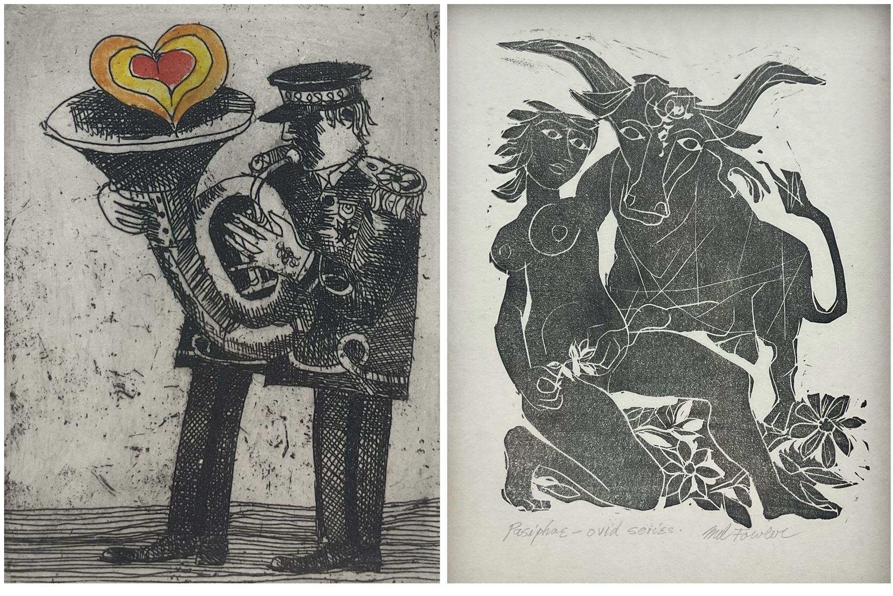 Mel Fowler (American 1921-1987): 'Pasiphaë - Ovid Series', woodblock print signed and titled in pencil 31cm x 23cm; 'Tuba Player', coloured etching signed titled and numbered 23/100 in pencil 7cm x 10cm (unframed) (2)