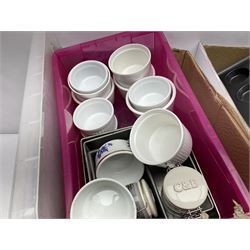 Large collection of kitchen and baking equipment, including cutlery, baking trays, ramakins, utensils, etc, in three boxes 