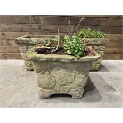 Pair of cast stone pattern tapering square planters, and a similar planter (3)