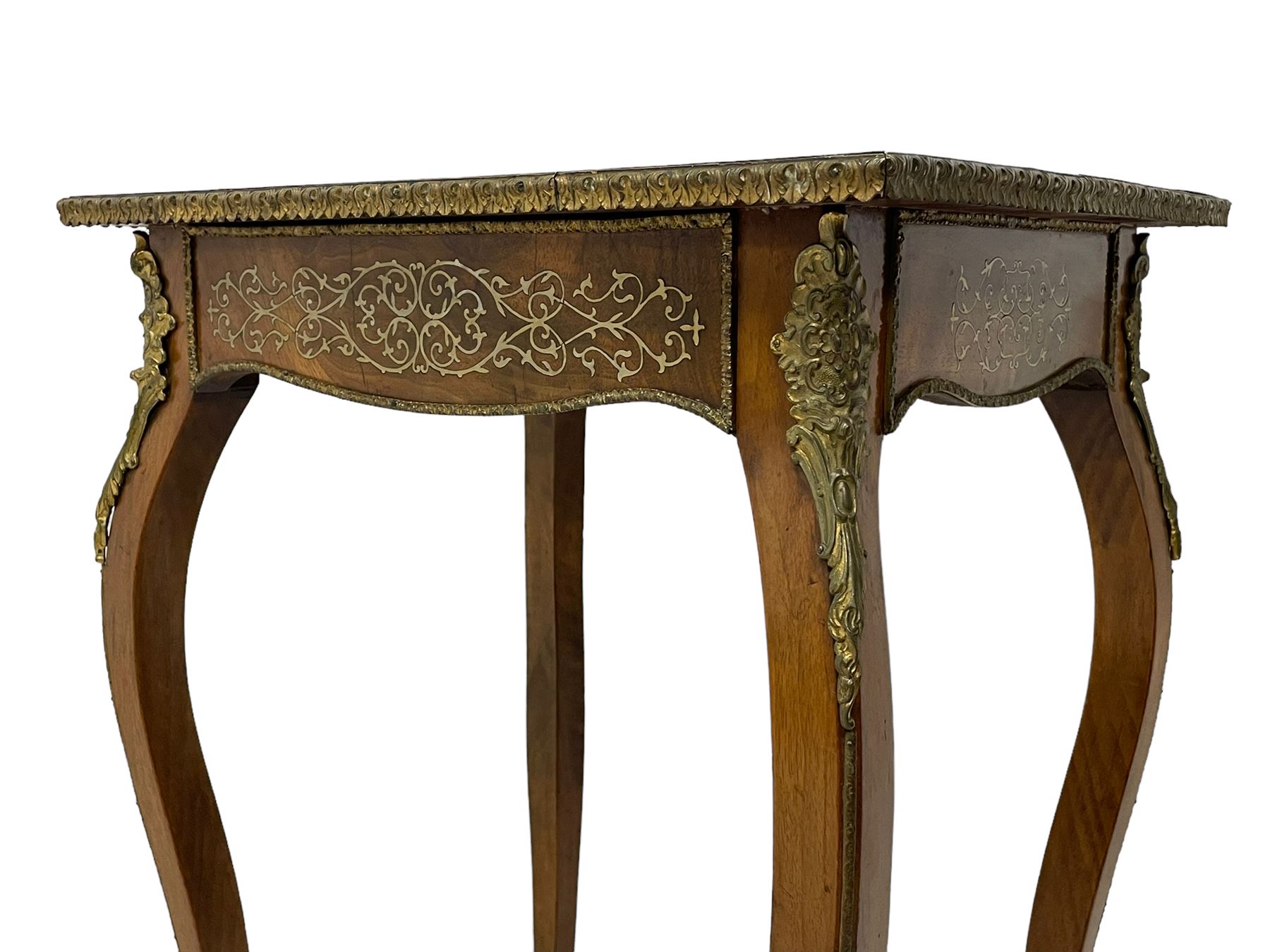 In the manner of Émile Gallé - late 19th to early 20th century inlaid walnut side table, rectangular top inlaid with Japonisme decoration depicting birds within trees, figured crossbanding and cast gilt foliate applied edge, single frieze drawer inlaid with scrolling brass work, on cabriole supports with ornate floral mounts