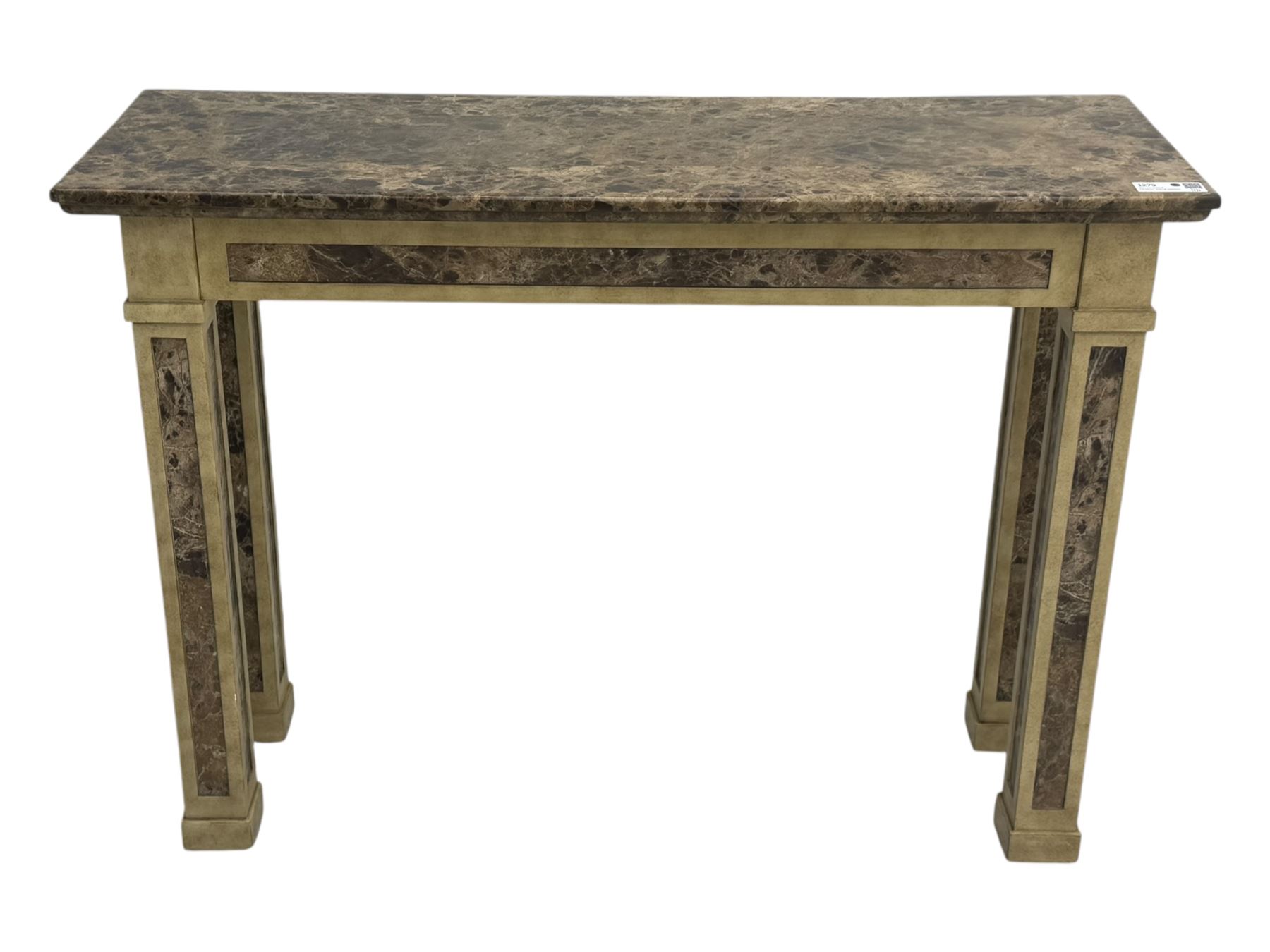 Rectangular console table, variegated marble top, on square supports with block feet 