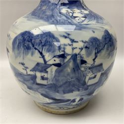 Late 18th/early 19th century Chinese blue and white bottle vase, decorated with a landscape scene containing dwellings, prunus and pine trees, boats and bridges, and populated with figures, with character mark beneath, H35cm