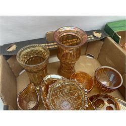 Collection of orange carnival glass, including jugs, dishes, vases etc, in two boxes 