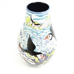 Large Moorcroft limited edition vase decorated in the Skomer Island pattern by Helen Dale, no. 26/30, signed and dated 2017, boxed, H31cm