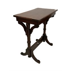 Late Victorian walnut ecclesiastical side table, rectangular top with stop chamfered edge, on turned supports united by rectangular stretcher pierced with trefoil, on splayed feet 