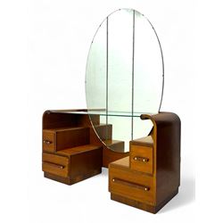 Early 20th century Art Deco walnut dressing table, featuring a large oval triptych mirror ...