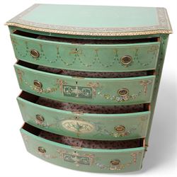 Edwardian Adam Revival green-painted and parcel gilt bowfront chest, moulded and foliate carved top painted with trailing floral band, fitted with four drawers decorated with trailing floral festoons, ribbon ties and urns, oval handle plates with engraved decoration and bead cast handles, on turned supports decorated with acanthus leaves and draped festoons 