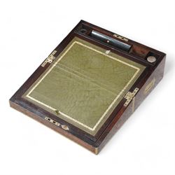 Rosewood brass bound writing box, the hinged lid revealing compartmentalised interior with...