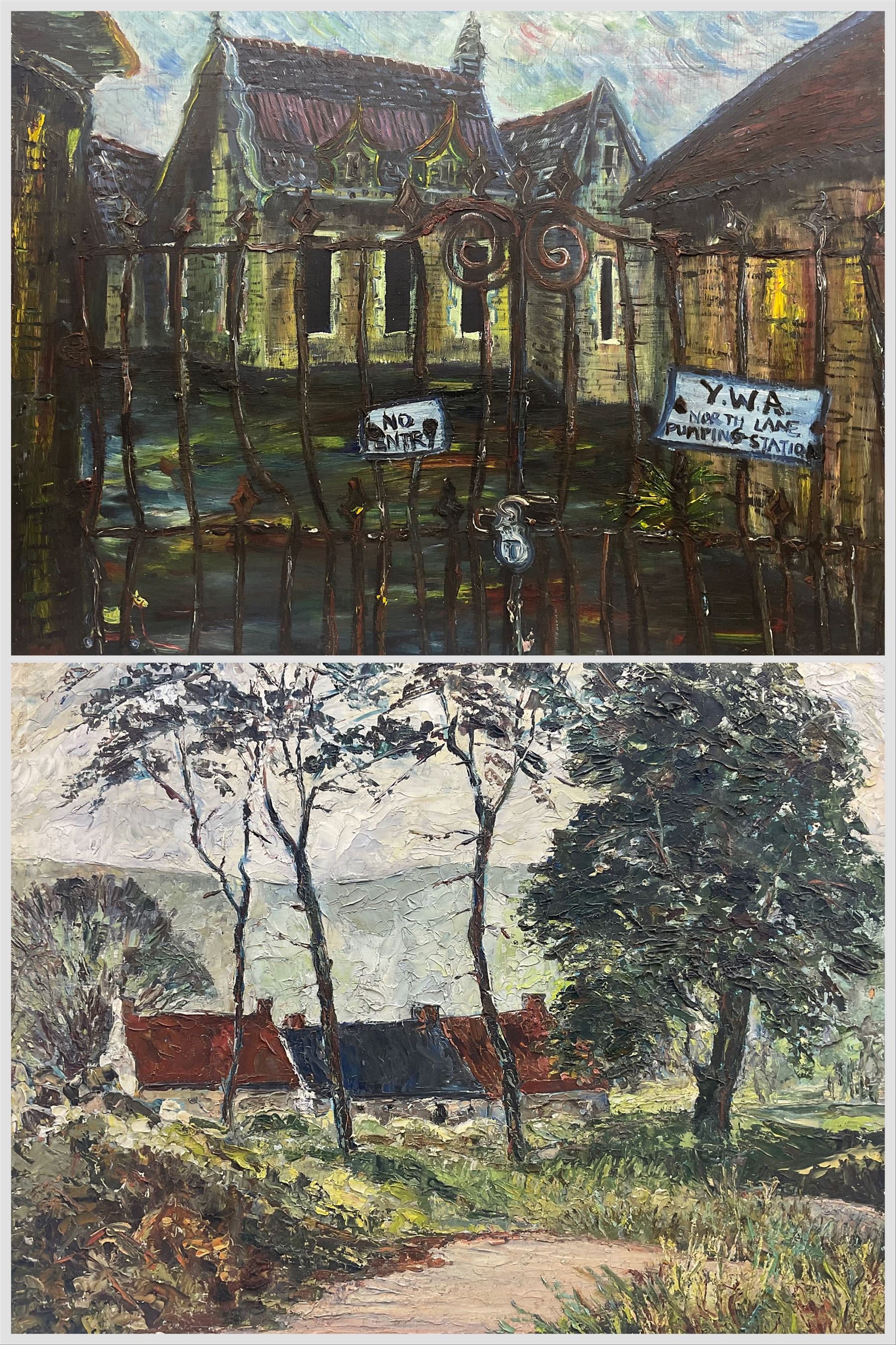 Jane Sand (British 20th Century): 'The Old Pumping Station - North Lane, Leeds', oil on panel unsigned, titled and dated 1993 verso; English School (Mid 20th Century): Farmhouses, oil on board indistinctly signed max 69cm x 91cm (2)